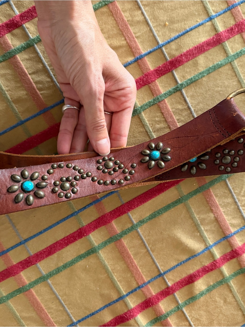 Women's Studded Leather Belt with Turquoise Accents - Brown - Picture 7 of 8